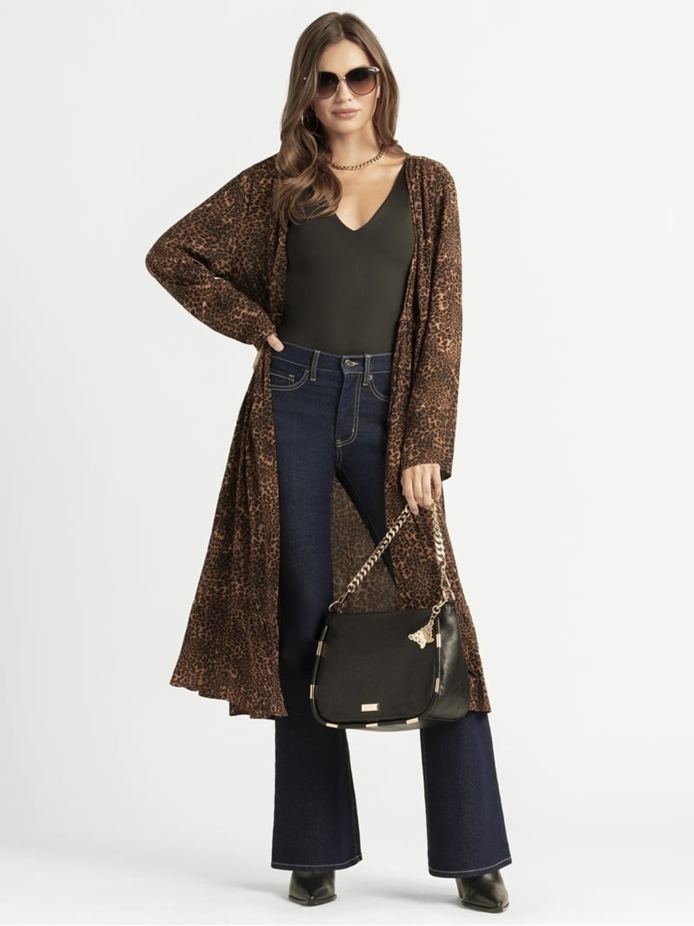cheetah Leopard animal Print Long Sleeve Cardigan  - Brown